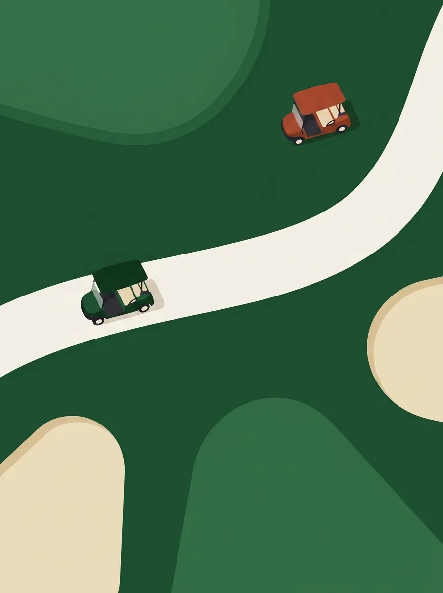 Aerial illustration of a golf course with two carts on a winding path